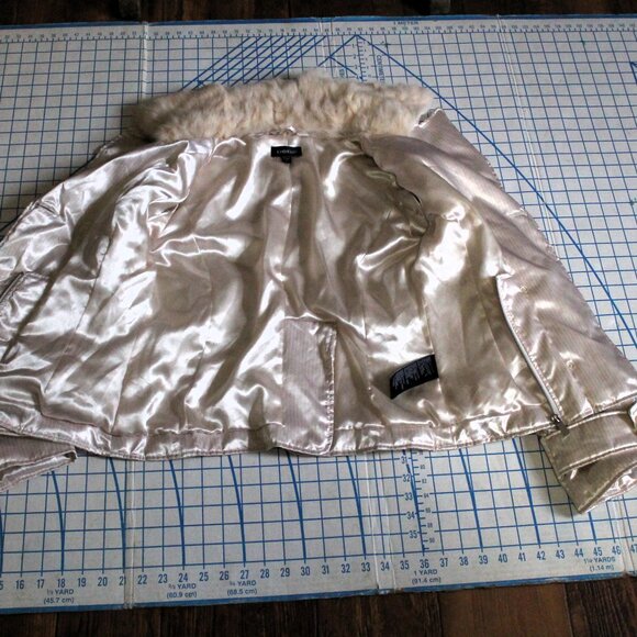 BEBE Satin Down Jacket with Removable Rabbit Fur Collar, Small - Picture 9 of 15
